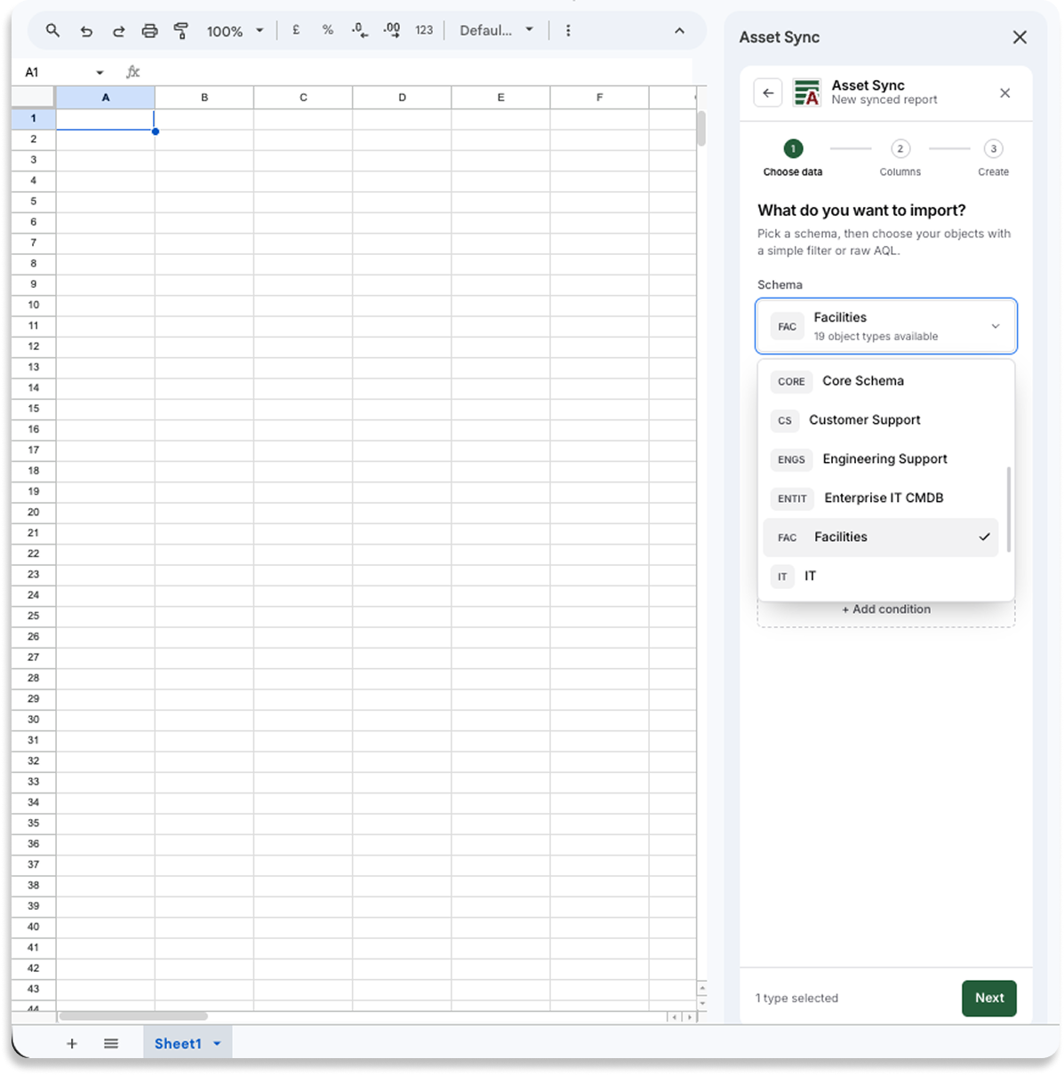 Asset Sync sidebar: Pick a schema and filter it
